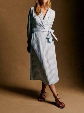 Sezane Wrap Style Striped Printed Midi Dress Long Sleeve Cotton M-38  287257